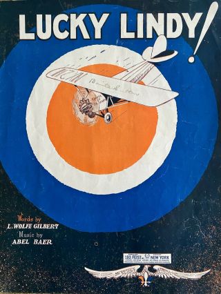 1927 Charles A.  Lindbergh Vintage Aviation Sheet Music Hello Lindy Airplane Art