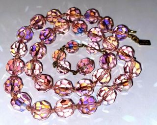 Vintage Hattie Carnegie Pink Ab Faceted Glass Bead Beaded 18” Necklace