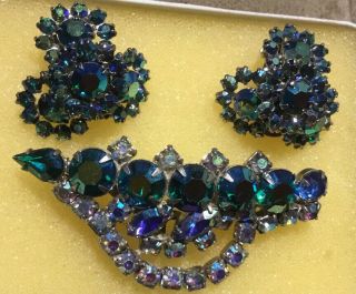Vintage Rhinestone Pin Brooch Clip Earrings Blue Aurora Borealis Set