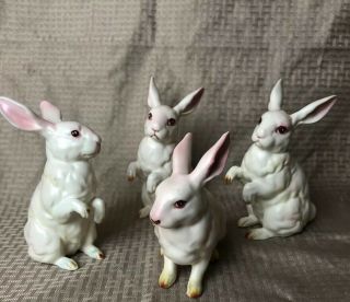 4 Vintage Napco White Hand Painted Bunny Rabbits Ceramic Figurine H880