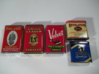 5 - Vintage Tobacco Tins,  Union Leader,  Velvet,  Revelation,  Bugler,  Prince Albert
