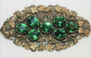 Antique Vintage Art Nouveau Deco Green Glass Rhinestone Brass Flower Pin Brooch