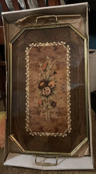 Vintage Italian Inlaid Wood And Brass Marquetry Serving Tray - 18x12