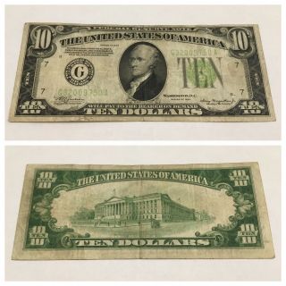 Vintage Green $10 1934 Chicago Federal Reserve Note Ten Dollar Bill Dollars Lgs