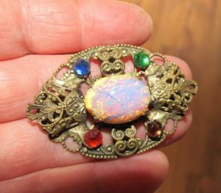 Vintage Art Deco Jewellery Ornate Czech Filigree Fire Opal Paste Brooch Pin