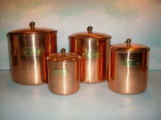 Set Of 4 Vintage Copper Canisters Nesting Brass Handles With Labels