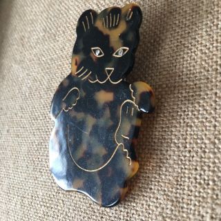 Vintage Old Plastic Celluloid Bakelite Era Japanese Happy Lucky Cat Brooch Pin 3