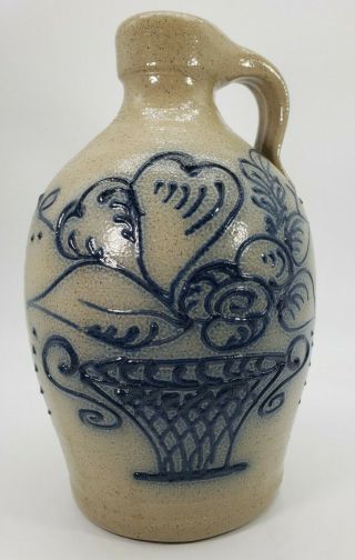 Vintage Maple City Pottery 8.  5” Jug With Blue Detailing (fruit Basket,  Leaves)