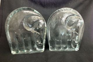 Vintage Blenko Glass Elephant Clear Bookends Figural Animal Heavy Pair