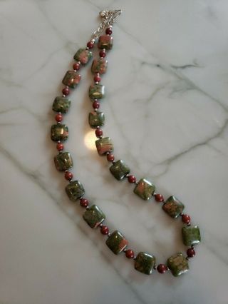 Vintage Sterling Silver Unakite Red Jasper Beads Necklace