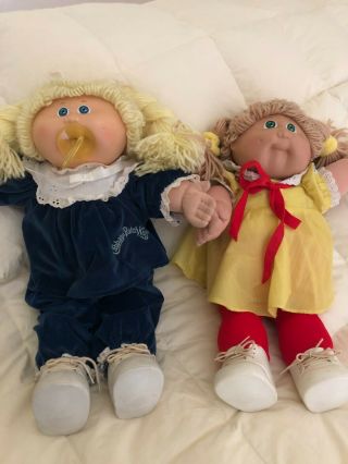 2 Vintage 1984 1985 Cabbage Patch Dolls With Pacifier Blonde Blue Eyes Dimples