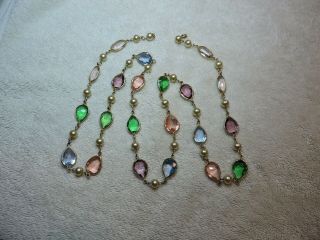 Vintage Faux Green,  Purple,  Blue Teardrop Gems With Pearls & Gold Chain