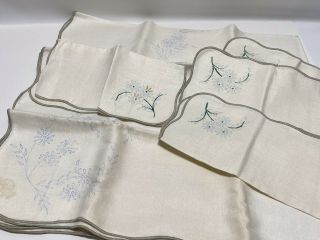 Vintage Lee Wards Embroidery Linen Tablecloth & Napkins 40 " Sq.  - Blossom Sprays