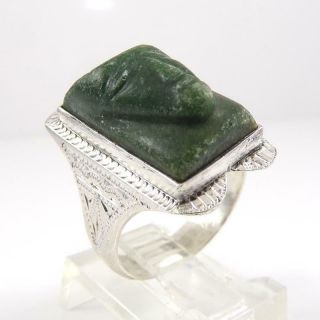 Vtg Taxco Hand Chased Sterling Silver Carved Green Jade Face Ring Size 8 Lfj3