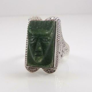 Vtg Taxco Hand Chased Sterling Silver Carved Green Jade Face Ring Size 8 LFJ3 2