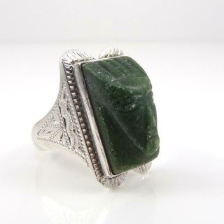 Vtg Taxco Hand Chased Sterling Silver Carved Green Jade Face Ring Size 8 LFJ3 3
