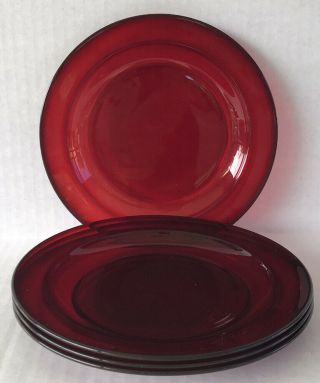 Vintage Ruby Red Glass Salad Plates 7 1/2” Set Of 4 Arcoroc France