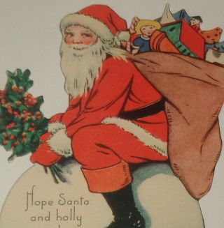 Vintage Christmas Card,  Art Deco Die Cut,  Santa On Big Snowball,  4 "