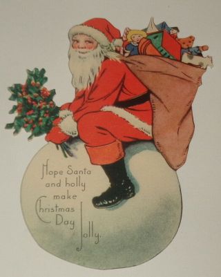 Vintage Christmas card,  art deco die cut,  Santa on big snowball,  4 