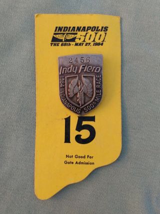 Vintage 1984 Indy 500 Silver Pit Badge W/ Backer Card Pontiac Fiero