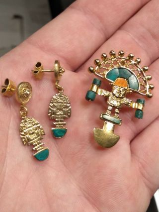 Vintage Aztec/mayan 950 Silver & Malachite Pendant/pin & Earrings Set