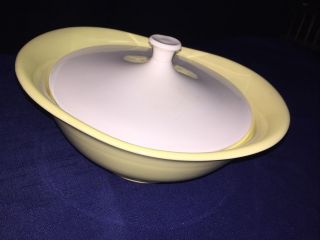 Vintage Mid Century Modern Yellow & White Ceramic Lidded Casserole Dish 11x4”