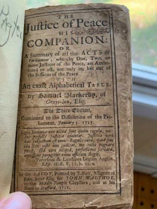 The Justice Of Peace His Companion Or A Summary Of All Acts Of Parliament 1715