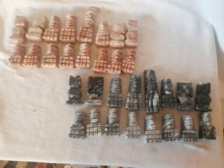 Vtg Mexican Carved Onyx Marble Chess Set 32 Piece Aztec Mayan Design No Board