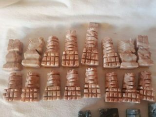 VTG Mexican Carved ONYX MARBLE Chess SET 32 Piece Aztec MAYAN Design No Board 2