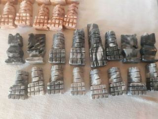 VTG Mexican Carved ONYX MARBLE Chess SET 32 Piece Aztec MAYAN Design No Board 3