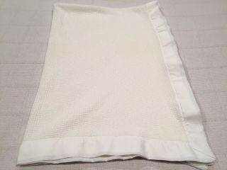 Vtg White Thermal Acrylic Waffle Weave Crib Blanket Nylon Binding 35x46” Morgan? 3