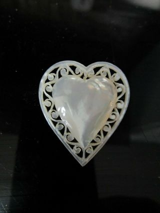 Vintage Mother Of Pearl Heart Shaped Hand Carved Brooch Pin