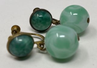 Vintage Art Deco Czech Green Peking Glass Mottled Green Screw Back Earrings