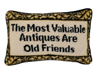 Vtg Country Wool Needlepoint Pillow " The Most Valuable Antiques Are Old Friends "