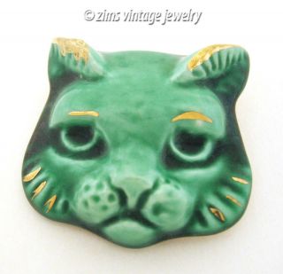 Vintage 1940’s Green Gold Ceramic Cat Head Figural Perfume Scent Ball Pin Brooch