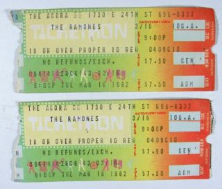 The Ramones 1982 2 Concert Ticket Stubs Vintage Cleveland Agora