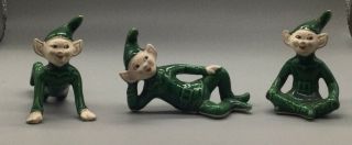 3 Vintage Ceramic Green Pixie Elfs (m190)