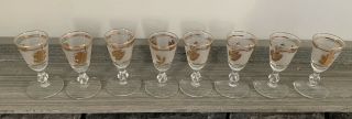 8 Vintage Libby Frosted Gold Leaf Cordial Stemmed Shot Glasses