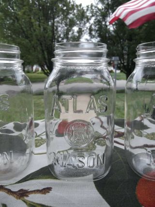 Vintage Hazel Atlas H Over A Set of 4 Quart Size Glass Fruit Canning Mason Jars 3