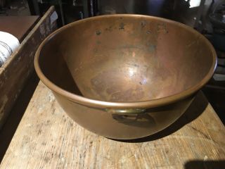 Vintage Solid Copper 10 " Mixing Bowl With Brass Ring Handle And Rolled Rim