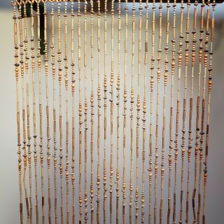 Vintage Natural Beaded Bamboo & Peach Pit Handmade Doorway Curtain 36 X 71 In