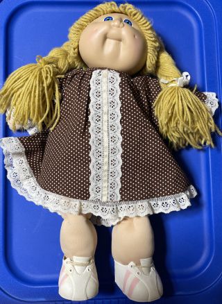 Vintage Cabbage Patch Doll 1978 1982 Blonde Hair Blue Eyes Brown Dress Pigtails