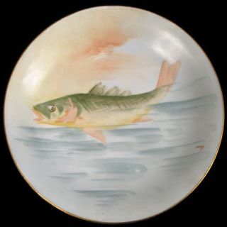 Vintage B&h Limoges France Hand Painted Fish Plate Gilt Embossed Signed Niky ?
