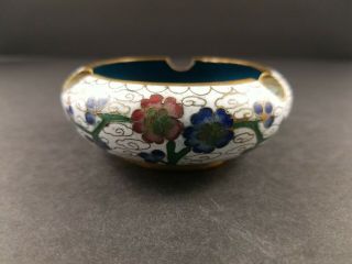 Vintage Cloisonne And Brass Ashtray White With Flowers