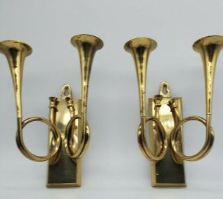 Vintage Brass Horn Double Candle Holders - Wall Sconces