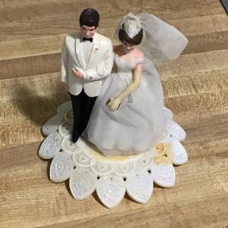 Vtg Wilton Bride & Groom Wedding Cake Topper Brown Hair Eyes Couple 3.  5” Stand