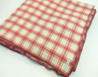 Vintage Pottery Barn 100 Wool Blanket Queen Size Rare Ivory Rose Red Plaid Vgc