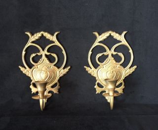 2 Solid Brass Candle Holders Wall Sconce Set Heart Shaped Design Vintage 8 " Tall