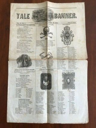 Rare 1853 Yale Banner,  College Secret Societies,  Skull & Bones,  Scroll & Key,  Ct