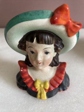 Vintage Small 4” Hand Painted Girl Lady Head Vase Hat & Ruffles Occupied Japan